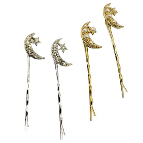 Lot of 4 Faux Pearl and Rhinestone Moon Bobby Pin Hair Clips