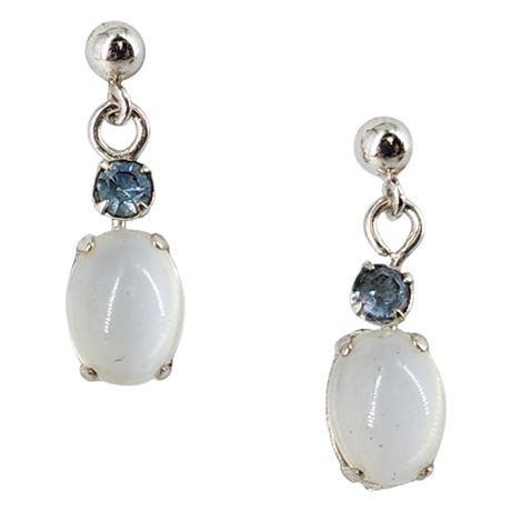Vintage Sterling Silver Rhinestone & Cabochon Drop Earrings