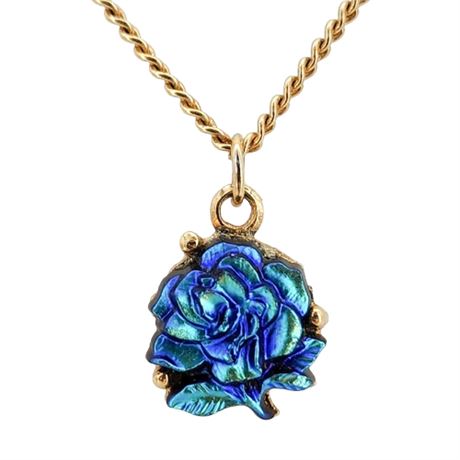 Vintage JUDY LEE Iridescent Blue Rose Pendant Necklace