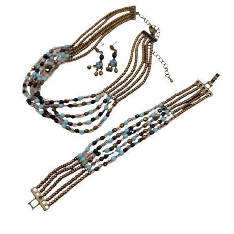 Turquoise Howlite & Glass Crystal Beaded Necklace/Bracelet & Earrings