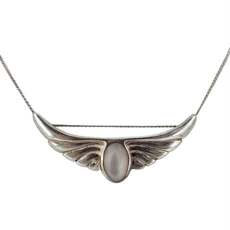 Vintage Sterling Silver Mother of Pearl Wings Pendant Necklace