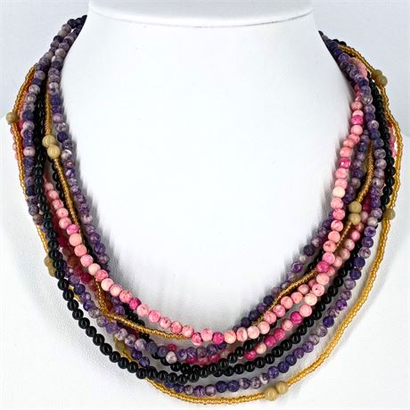 Vintage Multi-Strand Natural Stone Bead Necklace with Seed Bead Accents