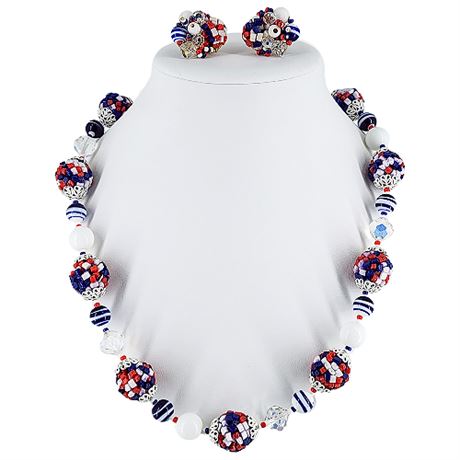 Signed Vintage VENDOME Red, White, & Blue Necklace & Clip Earrings Set