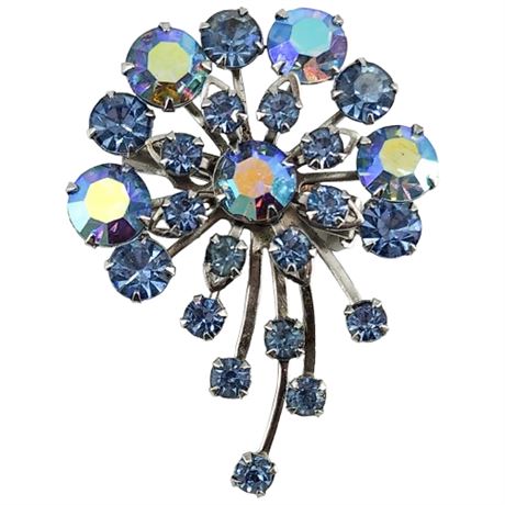 Vintage Ice Blue Aurora Borealis Rhinestone Spray Brooch