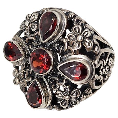 Signed Sterling Silver Flowers & Garnet Ring, Sz 6