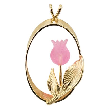Vintage Gold Tone Pink Lucite Tulip Flower Pendant