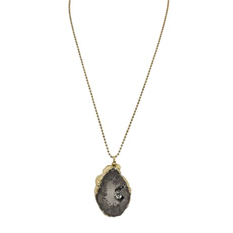 Gold Tone Ball Chain with Large Crystal Druzy Pendant Statement Necklace