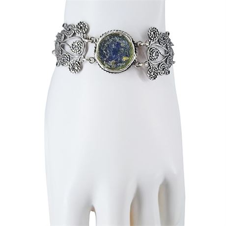 Signed Reirtal Sterling Silver & Ancient Roman Glass Bracelet