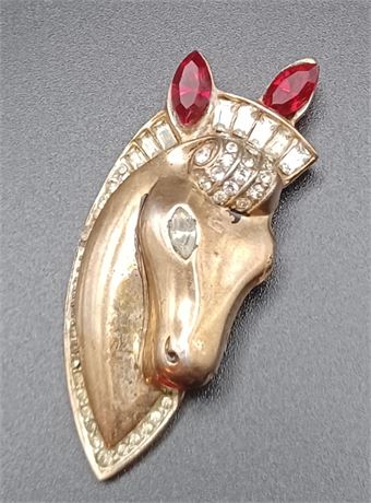 Sterling Vermeil Coro craft horse red rhinestone pin clip 22.86 g