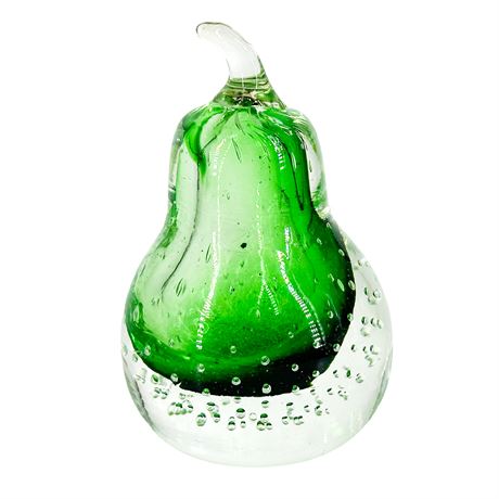 Vintage Hand-Blown Glass with Controlled Bubbles Pear-Shaped Paperweight