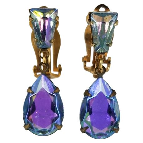 Vintage Blue Aurora Borealis Rhinestone Clip Earrings