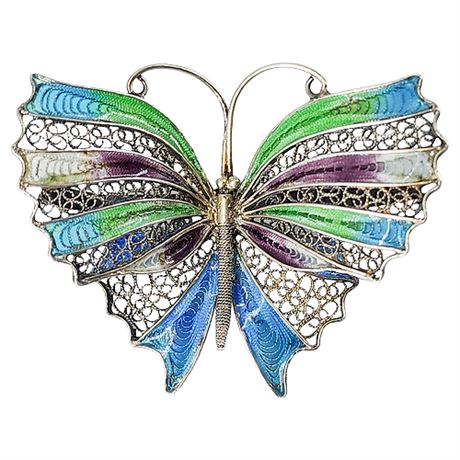 Vintage Alioto Adriana Italian 800 Silver Filigree & Enamel Butterfly Brooch