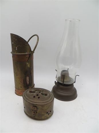 Vintage Copper & Brass Oil Pitcher, Oil Lamp & Brass Trinket Box