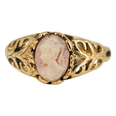 Signed SETA Gold Tone Faux Angelskin Cameo Ring, Sz 7