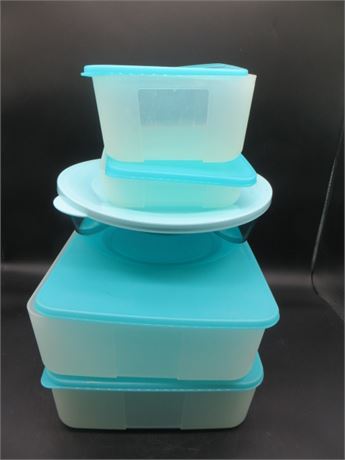 NEW VINTAGE TUPPERWARE  4 SKYBLUE FREEZER CONTAINERS & 1 ROUND ACRYLIC CONTAINER