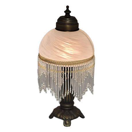 Victorian Style Frosted Slag Glass Dome Lamp w/ Beaded Fringe