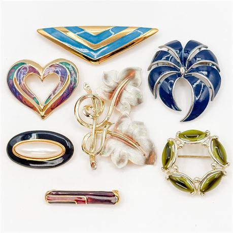Lot of 7 Vintage Gold-Tone & Enamel '80s Brooches
