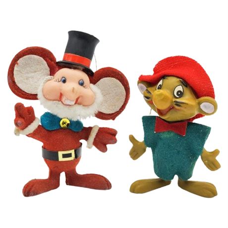 Vintage Flocked Santa Mouse & Speedy Gonzales Ornaments