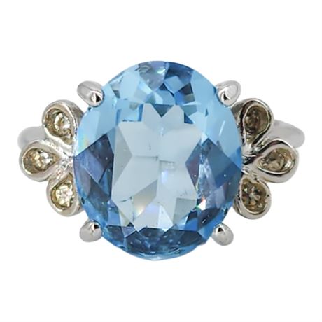 Vtg 18KT HGE Faux Blue Topaz & Rhinestone Ring, Sz 5