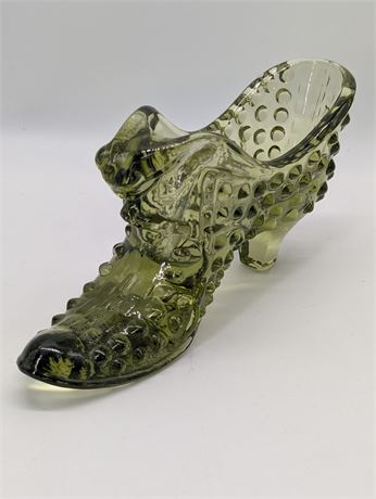 Fenton Green Glass Hobnail Shoe w/ cat