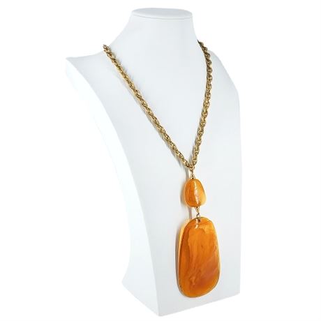 Huge Vintage Swirled Amber Lucite Pendant Necklace