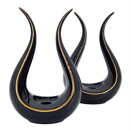 Mid-Century Lenox Black Porcelain Lyre Candle Holders