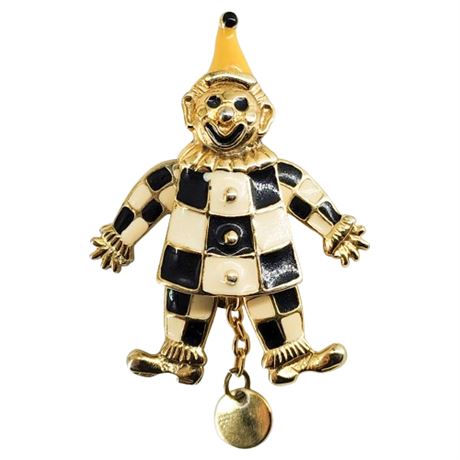Vintage Articulated Clown Pull Chain Enameled Brooch