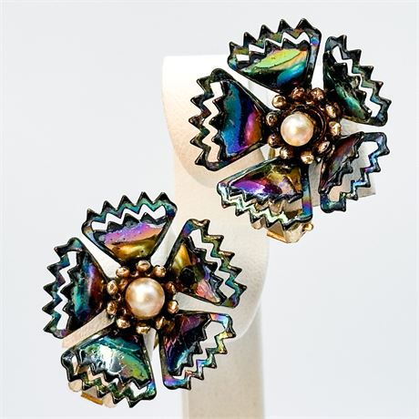 Vintage Iridescent Enamel Flower Clip-On Earrings