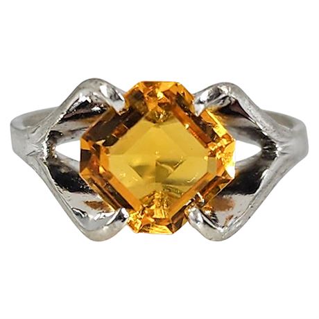 Vintage Sterling Silver Amber Paste Stone Ring, Sz 3.75