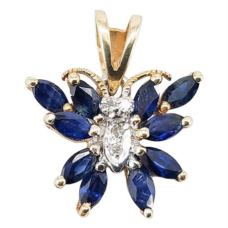 Signed Vintage 10K Plumb Gold Sapphire & Diamond Butterfly Pendant