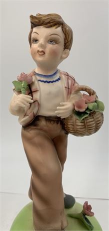 Effeminate 6 1/2” Flower Picking Boy in Pink Plaid Figurine