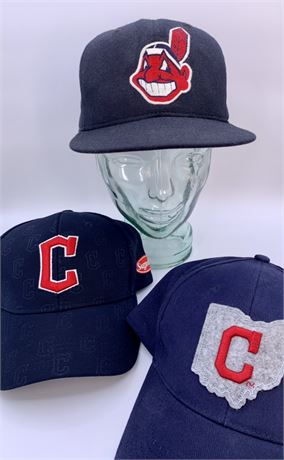 3 Cleveland Indians Major League Baseball Hats, 1 Autographed