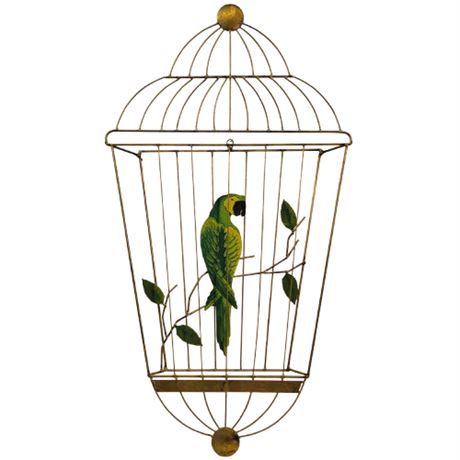Large Vintage Brass Parrot in Cage Wall Decor