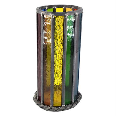 Vintage Multicolor Rainbow Leaded Glass Cylindrical 12 Panel Votive Shade