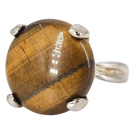 Vintage Silver Tone Tiger's Eye Gemstone Ring, Sz 6.25