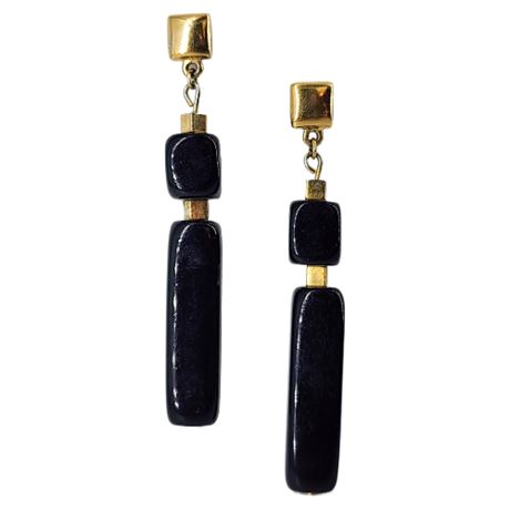 Vintage CROWN TRIFARI Black Lucite Gold Tone Drop Earrings