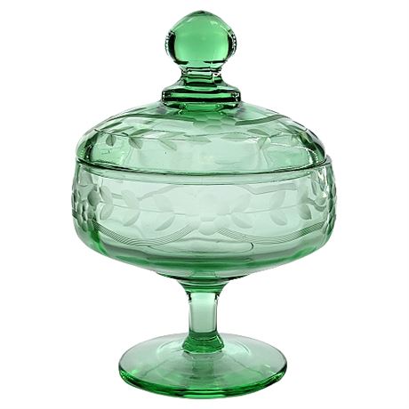 Green Depression Glass Candy Dish & Lid w/ Etched Flowers