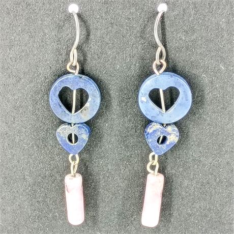 Lapis Heart & Pink Stone Dangle Earrings – Handmade Look