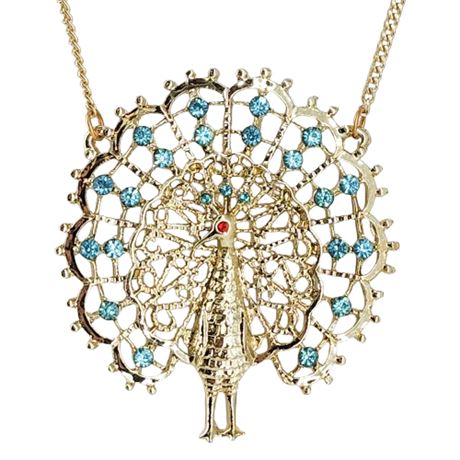 Vintage 70s Large Rhinestone Peacock Pendant Necklace