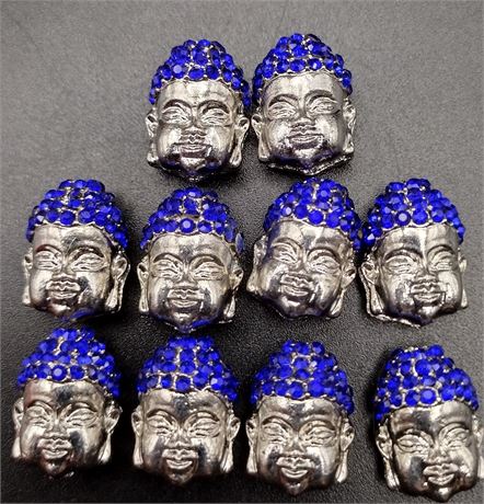 Lot of ten- silver tone blue rhinestone Buddha head beads