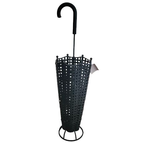 Vintage Woven Black Iron and Wood Umbrella Stand