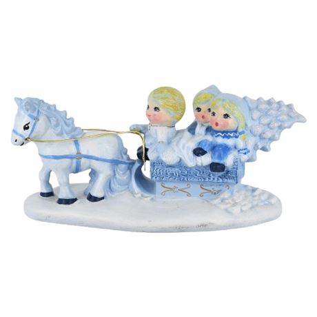 Vintage Handpainted Ceramic Children in Sleigh w/ Robin Music Box