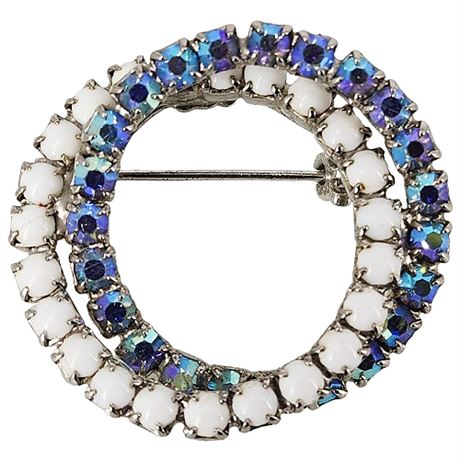 Vintage Interlocking Circles Aurora Borealis Rhinestone & Milk Glass Brooch