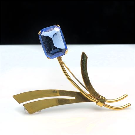 Vintage Coro Gold over Sterling Silver Blue Stone Modernist Brooch