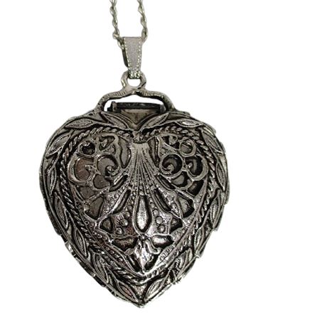 Vintage HOLLYCRAFT Pewter Tone Repoussé Heart Locket Necklace