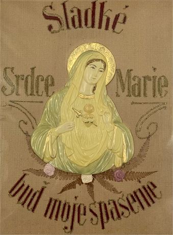 Antique Religious Czechoslovakian Celluloid Mary Embroidery Wall Art