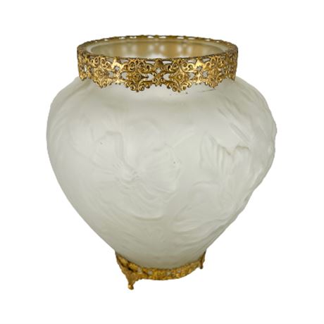 Vintage Art Nouveau Tiffin Satin Glass Vase With Brass Overlay