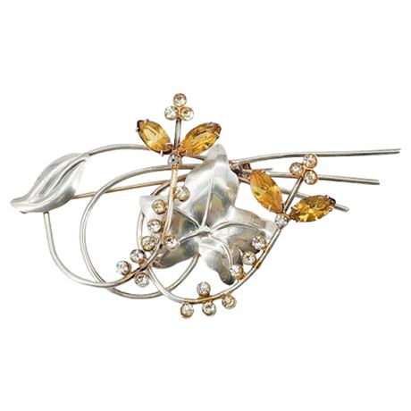 Vintage RISC Sterling Silver Prong Set Rhinestone Leaves Brooch