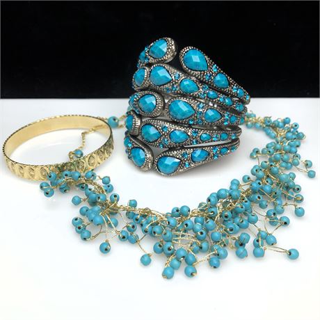 Aqua Wide Clamper Bracelet, Beaded Necklace & Gold Tone Bangle Jewelry Lot