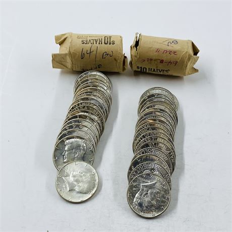 2 BU $10 Rolls 1964 Kennedy Half Dollars